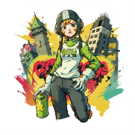 Jet-Set-Radio, solo, complex background, army pants, gloves, 1girl happy, roller shoes, street, city background,, paint can, <lora:Jet-Set-Radio:1> <lora:keke:0.3> <lora:jetsetradio_gum:0.8> graffiti <lora:Jet Set Radio Style:0.5> <lora:graffiti:0.5> <lora...