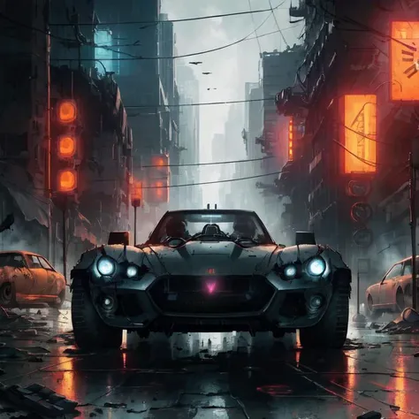 cinematic film still an futuristic cyberpunk, dieselpunk sports car in a destroyed city after an nuclear blast . with zombies around, shallow depth of field, vignette, highly detailed, high budget, bokeh, cinemascope, moody, epic, gorgeous, film grain, gra...