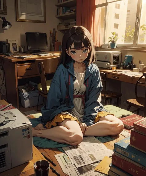 masterpiece, best quality, girl wearing mini dress and oversized jacket, sitting, looking up BREAK
indoors, intricate details, room, messy desk, table fan, airconditioner,