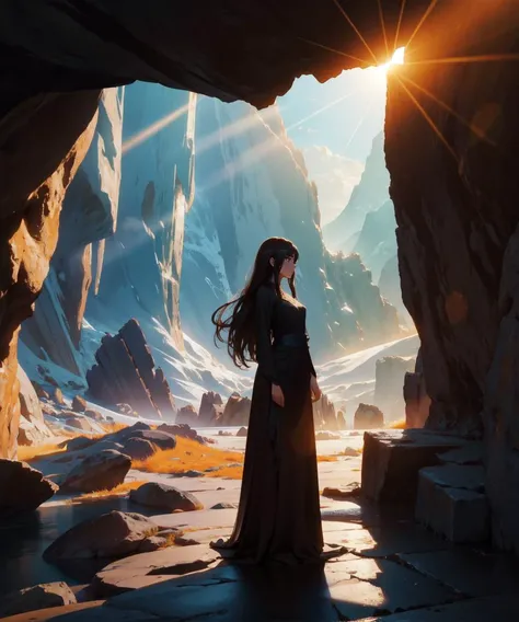 beautiful long haired woman, long flowing gown, BREAK
standing, cave, silhouetted sunlight, rock formations, 
(masterpiece, best quality:1.1), 8k, highly detailed,