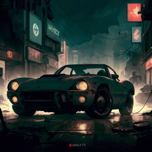 cinematic film still an futuristic cyberpunk, dieselpunk sports car in a destroyed city after an nuclear blast . with zombies around, shallow depth of field, vignette, highly detailed, high budget, bokeh, cinemascope, moody, epic, gorgeous, film grain, gra...