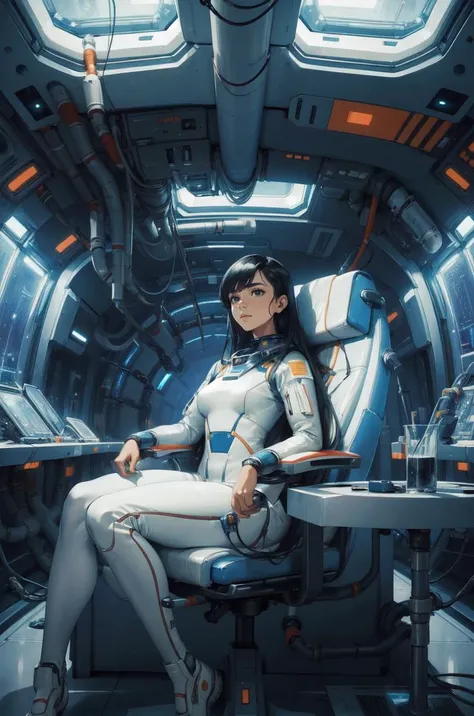 masterpiece, best quality, (portrait:1.1) of astronaut woman, sitting, in (futuristic spaceship interiors:1.2), 
(ultra detailed intricate background:1.2), with (cables, pipes, units)