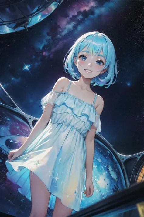 a girl in a dress standing in front of a spaceship