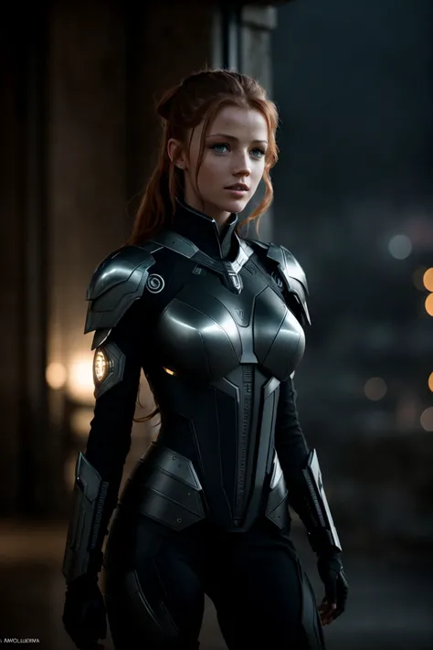 medium shot photo of a mix of (a cyborg fighting in a robotic war:0.8) and (suit with gloves :0.5) (cintadicker:0.99), nice cleavage, intricate magical+ city, evening, dark, atmospheric, mist, best quality masterpiece, photorealistic, detailed, 8k, HDR, sh...