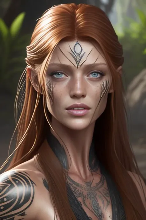 cintiadicker-5200 outside in the rain, soaking wet, dank swamp, with tribal tattoos, (detailed facial features:1.15), very long flowing hair, Unreal Engine 5, 8K, HQ, HDR, amazing detail, intricate details, shallow depth of field, reflections, art by artge...