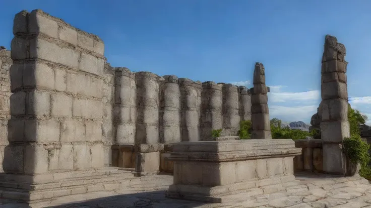 arafed stone pillars in a row in front of a blue sky