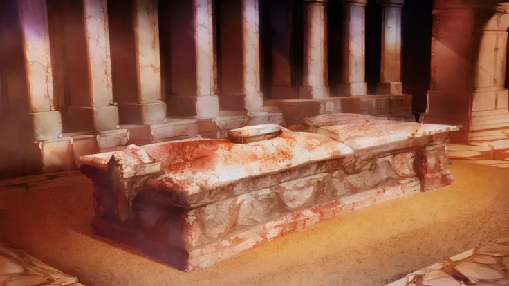 there is a stone casket sitting in a room with columns