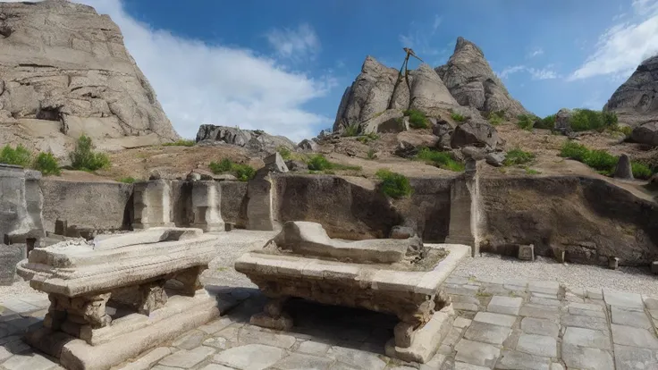 there are two stone benches sitting on a stone floor in a rocky area