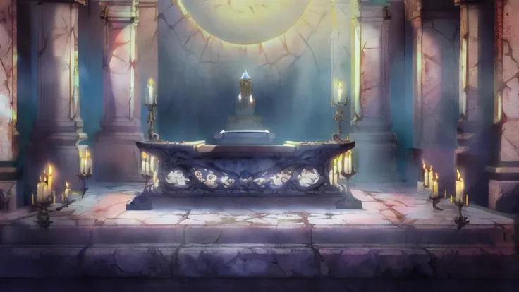 there is a large altar with candles and a clock on it