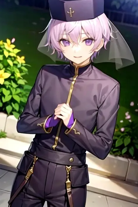 masterpiece, best quality, game cg, 1boy, solo, male focus, looking at viewer, , depth of field, <lora:labrador_07-ghost:0.70>, labrador_07-ghost, light purple hair, purple eyes, veil, hat, , fantasy, HD