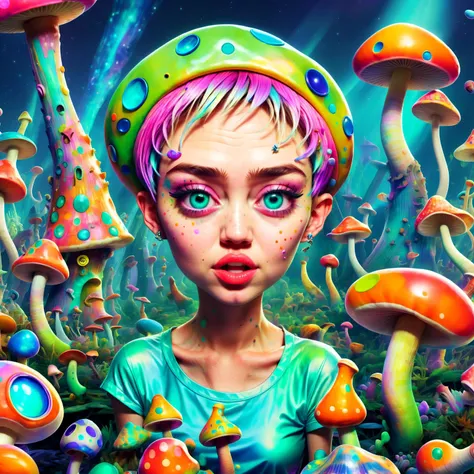 close up, cute Dive into (Miley Cyrus:1.4) world of mushroom-inspired madness. She dances with aliens, chats with talkative lizards, and explores a surreal landscape filled with colorful fungi. Laughter ensues as their psychedelic trip takes unexpected tur...