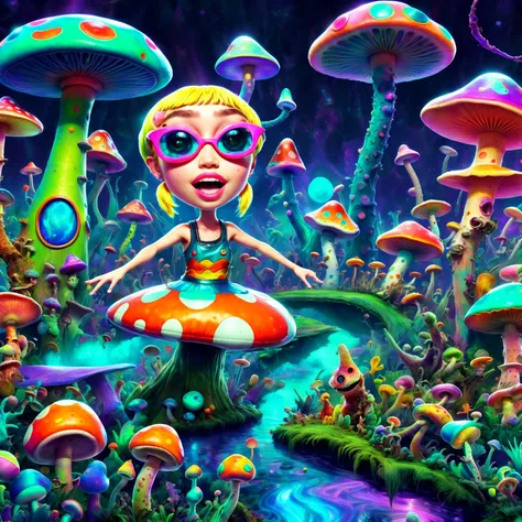 Dive into Miley Cyrus world of mushroom-inspired madness. She dances with aliens, chats with talkative lizards, and explores a surreal landscape filled with colorful fungi. Laughter ensues as their psychedelic trip takes unexpected turns.,in style of(bange...