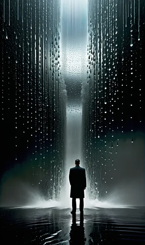 a man standing in front of a fountain of water with rain falling down