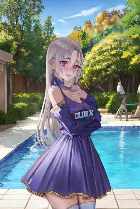 a woman in a purple dress standing next to a pool