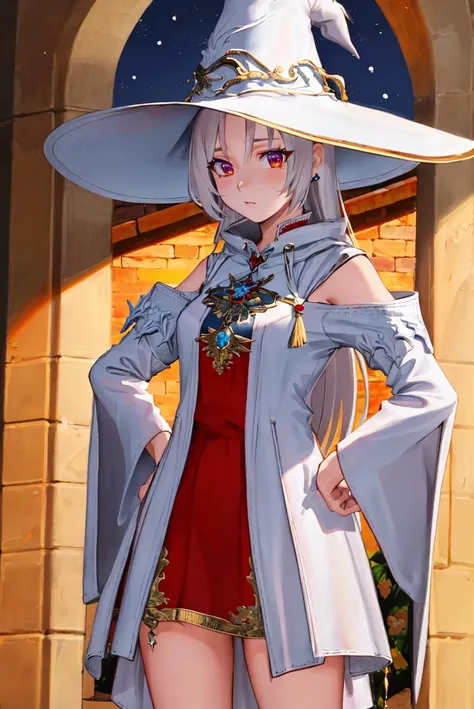 anime girl in a witch hat and red dress standing in front of a brick wall