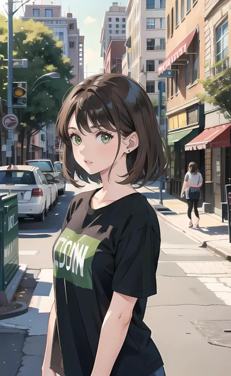 1girl, brown hair, green eyes, black T-shirt, short sleeves, city, street