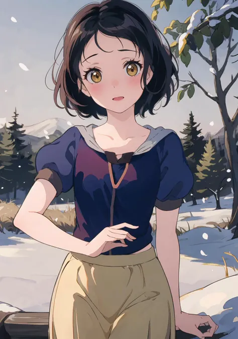 (masterpiece, best quality), 1girl, black hair, snow white, cute, blushing, yellow skirt, looking at viewer <lora:snowWhite_v10:1> [snow covered forest|hail]