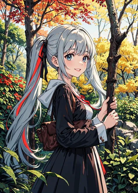 masterpiece, best quality, (grainy:0.7), intricate detail, sharp, perfect anatomy, finely detailed, bloom, noon, vivid colors
BREAK
cute girl, walking in forest, watching up, detailed eyes, from side, twintails, detailed trees, autumn, grass, (solo:1.3), s...