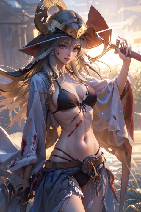 (masterpiece:1.2), best quality,game cg,
Elaina,1girl, weapon, sword, long hair, solo, helmet, holding, navel, outdoors, breasts, holding weapon, holding sword, long skirt, skirt, torn clothes, medium breasts, bikini, midriff, swimsuit, day, blurry, blood,...