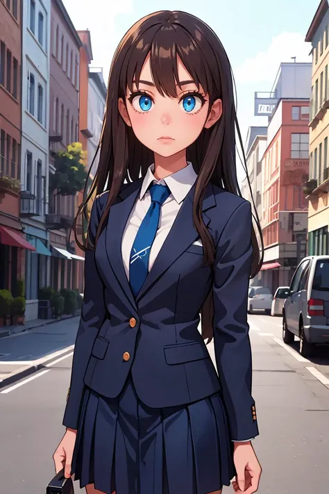 anime girl in a school uniform walking down a street