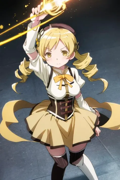 best quality, masterpiece, highres, solo, {tomoe_mami_puellamagimadokamagica:1.15}, blonde_hair, drill_hair, twin_drills, twintails, hair_ornament, yellow_eyes, magical_girl