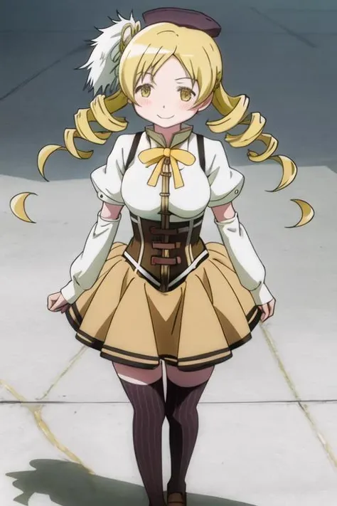 best quality, masterpiece, highres, solo, {tomoe_mami_puellamagimadokamagica:1.15}, blonde_hair, drill_hair, twin_drills, twintails, hair_ornament, yellow_eyes, magical_girl, 1girl, school_uniform, anime_coloring, blush, mitakihara_school_uniform, official...