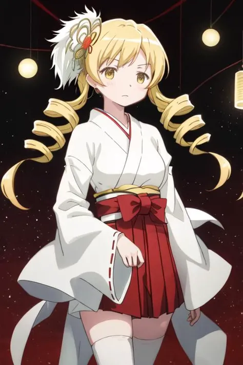 best quality, masterpiece, highres, solo, {white kimono:1.35}, {red hakama:1.35}, {wide sleeves:1.20}, {tomoe_mami_puellamagimadokamagica:1.15}, blonde_hair, drill_hair, twin_drills, twintails, hair_ornament, yellow_eyes, magical_girl