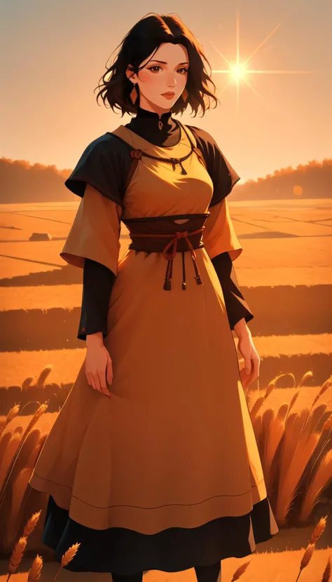 woman with short black hair, wearing medieval tunic, standing in wheat field during sunset, high quality, highly detailed, masterpiece, digital illustration, pg_rating