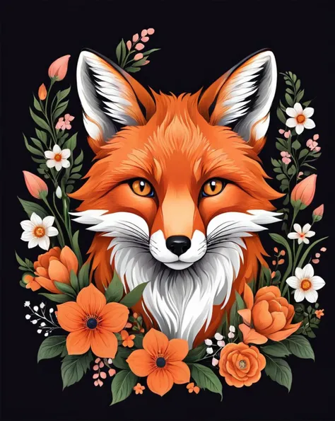 Advertising poster style fox head and flowers, t-shirt design, flat colors, vector, ((black background)) . Professional, modern, product-focused, commercial, eye-catching, highly detailed
