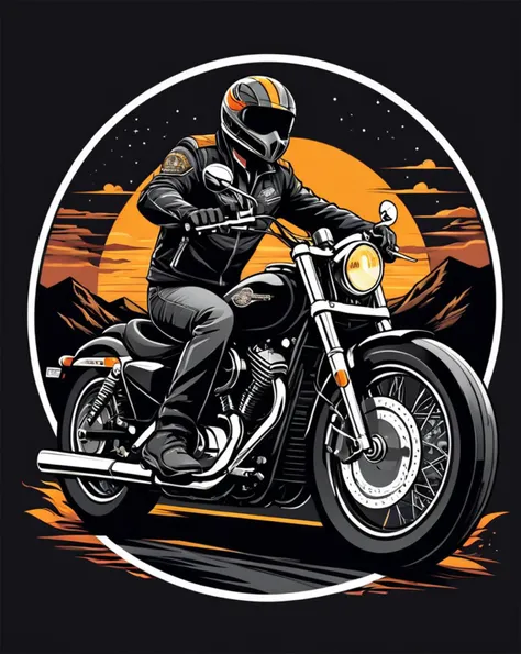 breathtaking biker, t-shirt design, flat colors, vector, ((black background)) . award-winning, professional, highly detailed