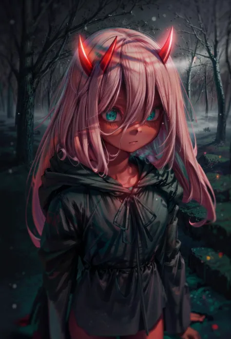 a girl with horns and a hoodie in a forest