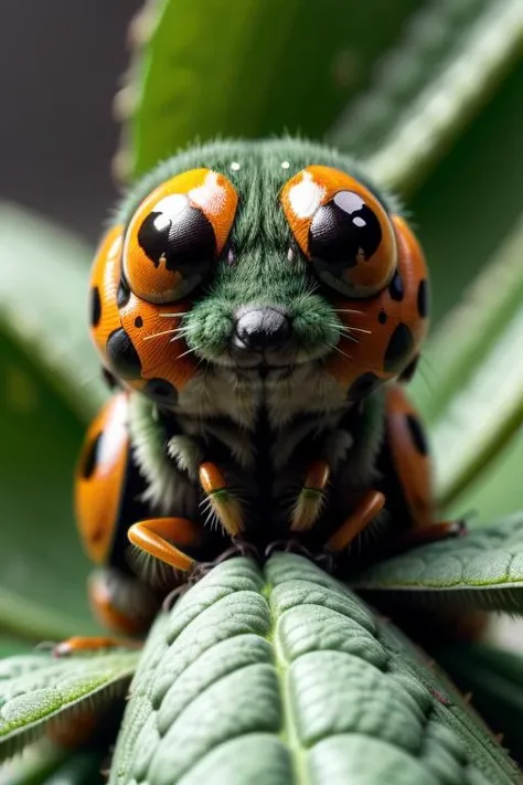 art by Ryohei Hase  A macro photography of a vividly colored ladybug sitting on a green leaf vein with soft bokeh effect, masterpiece lighting, highly detailed background   close up, macro photography  on balck velwet background,8k, ultrasharp, ultradetail...