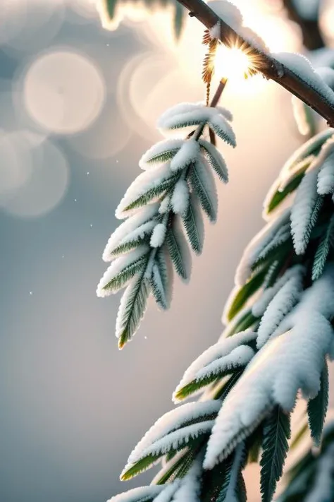 art by Christopher Balaskas  Frosty Branch Details: Focus on the intricate frost patterns that form on a tree branch, creating a winter wonderland in miniature. (close-up, nature, frosty tones)   close up, macro photography  on balck velwet background,8k, ...