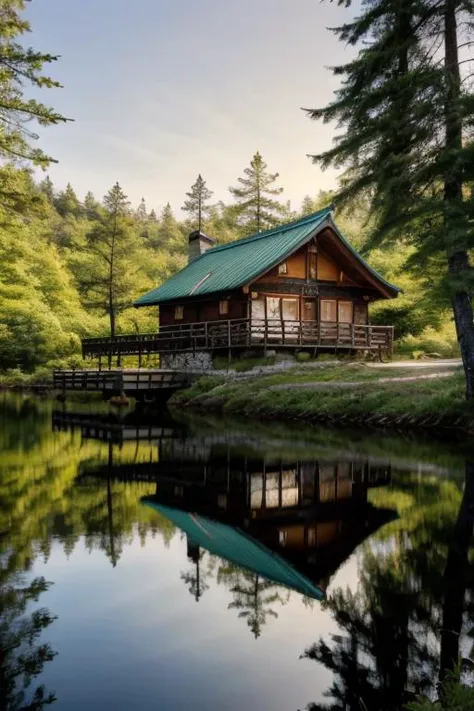 a close up of a small cabin near a body of water