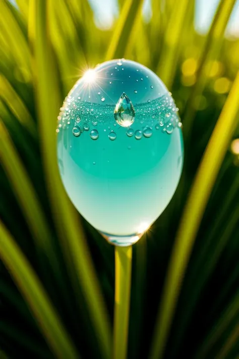 art by Erin Hanson  A dewdrop on a blade of grass, reflecting the vastness of the sky above. (macro, minimalist, surreal)  close up, macro photography  on balck velwet background,8k, ultrasharp, ultradetailed, perfect quality, masterpiece, intricated detai...