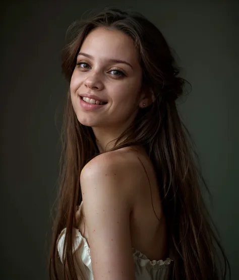 a close up of a woman with long hair smiling at the camera