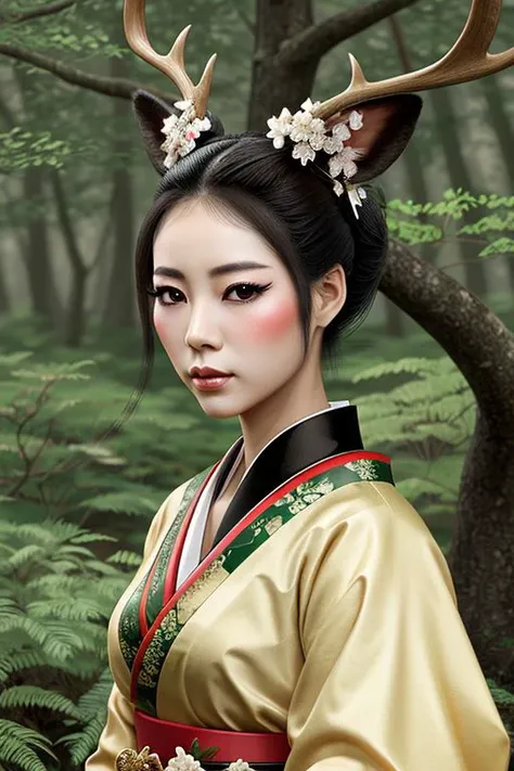 Geisha artist rendition of a deer in a gentle forest.