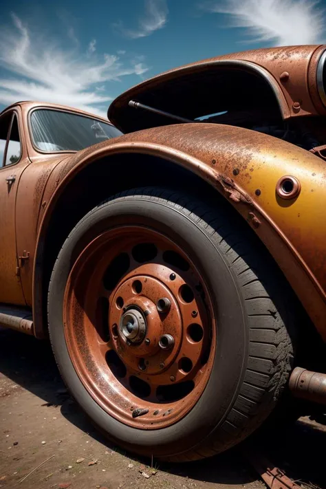 rusty old car with a flat tire parked on a dirt road