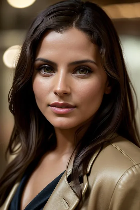 a close up of a woman with long hair wearing a leather jacket