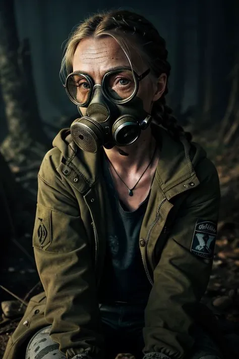 An aged woman, Greta Thunberg, full upper body photo, hair in braids, sitting on logg, looking at viewer, military gas mask, goggles, straight long hair, 
Pale, thigh-high socks, dark coat,
night, dark forest, bright character, dark background, blurred bac...