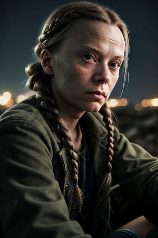 An aged woman, Greta Thunberg, close up, hair in braids, sitting on logg, looking at viewer, detailed face, straight long hair, 
Pale, thigh-high socks, dark coat,
night, dark forest, bright character, dark background, blurred background, flash photography...