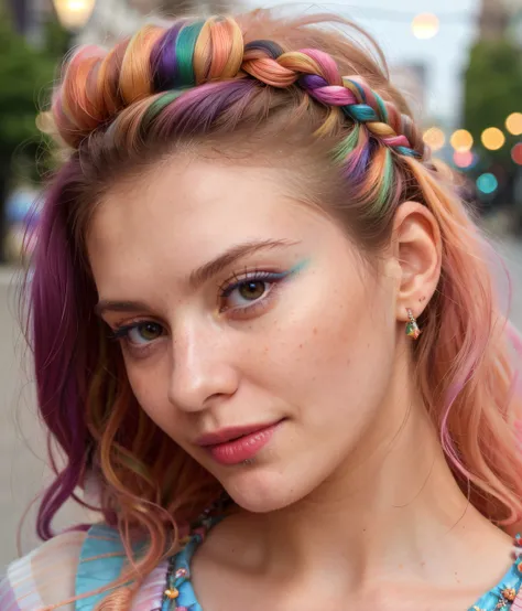 texture close-up photo of caucasian woman Whimsical Fairy Queen <lora:Multicolored Striped Dress by Stable Yogi:0.6> multicolored stripped, street wear,dresses, detailed skin, 8k uhd, dslr, soft lighting, high quality, film grain, Fujifilm XT3, dimly lit,<...