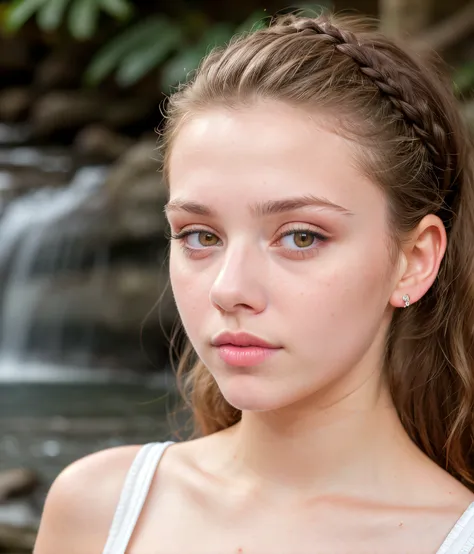 waterfall photo of 1girl, 18teen, caucasian, brunette, sharp chin, blush cheeks, makeup <lora:Exposed_Forehead_Hair-Pulled_Back:0.8> forehead, ((hair pulled back)) headband, detailed skin, 8k uhd, dslr, soft lighting, high quality, film grain, Fujifilm XT3...