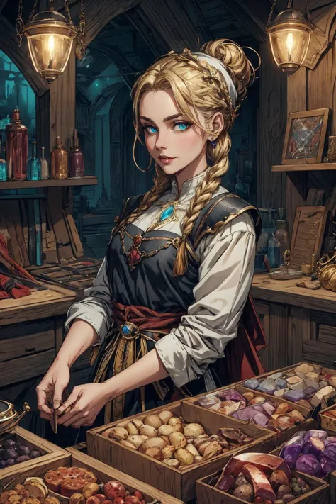 a woman in a medieval dress is standing in front of a counter full of fruit