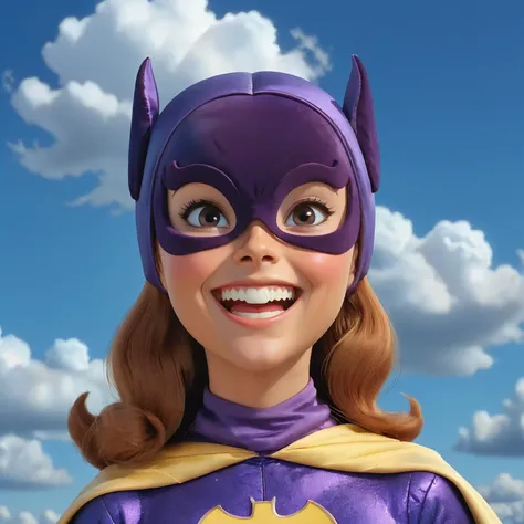 upper body, yvonne craig woman smiling, background of blue sky with clouds, 3D cartoon, disney-pixar-dreamwoorks style, kawaii big head, big eyes<lora:batgirl-v3:0.7>