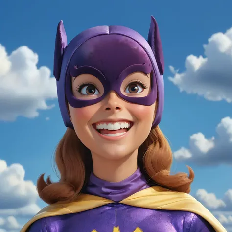 upper body, yvonne craig woman smiling, background of blue sky with clouds, 3D cartoon, disney-pixar-dreamwoorks style, kawaii big head, big eyes<lora:batgirl-v3:0.7>