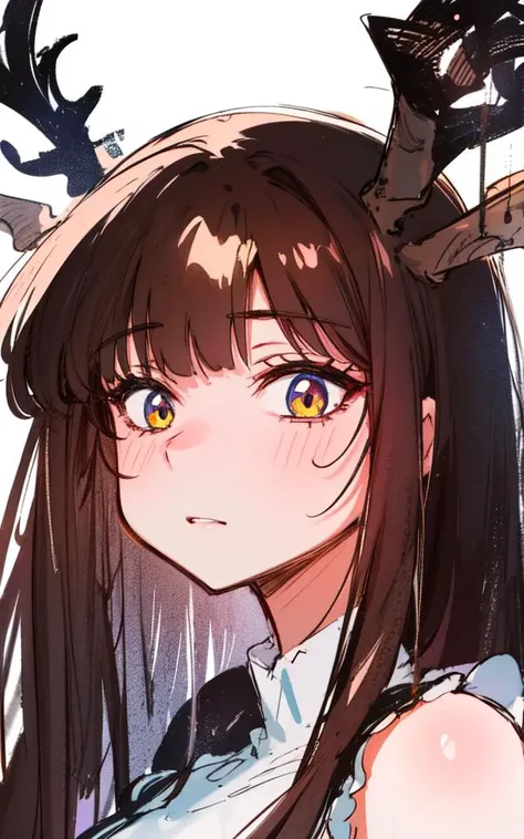 masterpiece, top quality, official art, best quality, beautiful, extremely detailed face, perfect lighting, 1girl, petite girl, monster girl, (karasuchan, sketch, sketchy:1.2), symmetry!! portrait of half woman half deer, deer antlers, brown hair, deer ear...