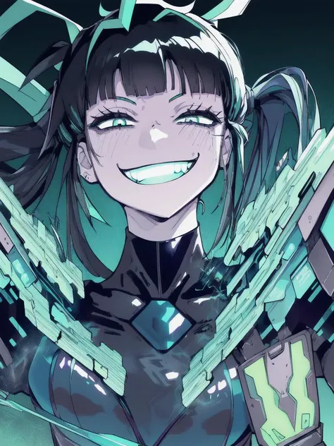 karasuchan, masterpiece, best quality, 1girl, ponytail, (aqua hair), blue fire, goth, green eyes, smile, (fangs:1.2), (grin:1.2),  cyber suit, futurist, neon, heroic pose, galaxy background, black eyes, black hair, looking at viewer (dynamic pose), smiling...