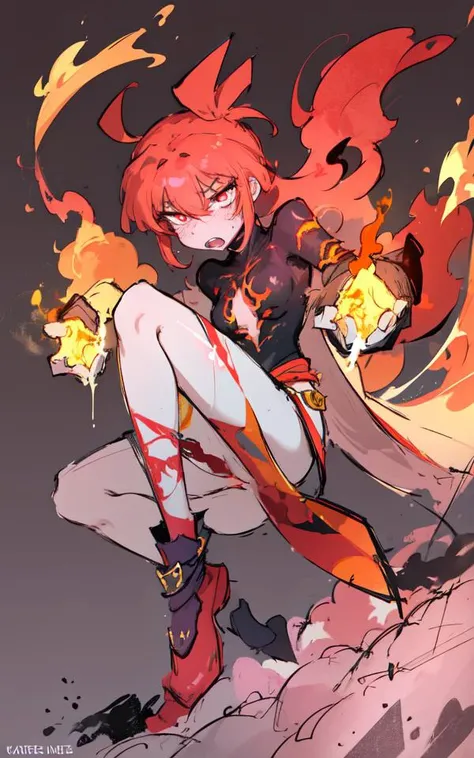 masterpiece, top quality, official art, best quality, beautiful, extremely detailed face, perfect lighting, 1girl, petite girl, monster girl, (karasuchan, sketch, sketchy:1.2), fire girl, girl ablaze, blaze girl, girl on fire, lava girl, glowing skin, glow...