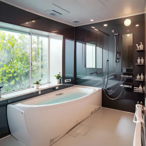 a close up of a bathtub in a bathroom with a window